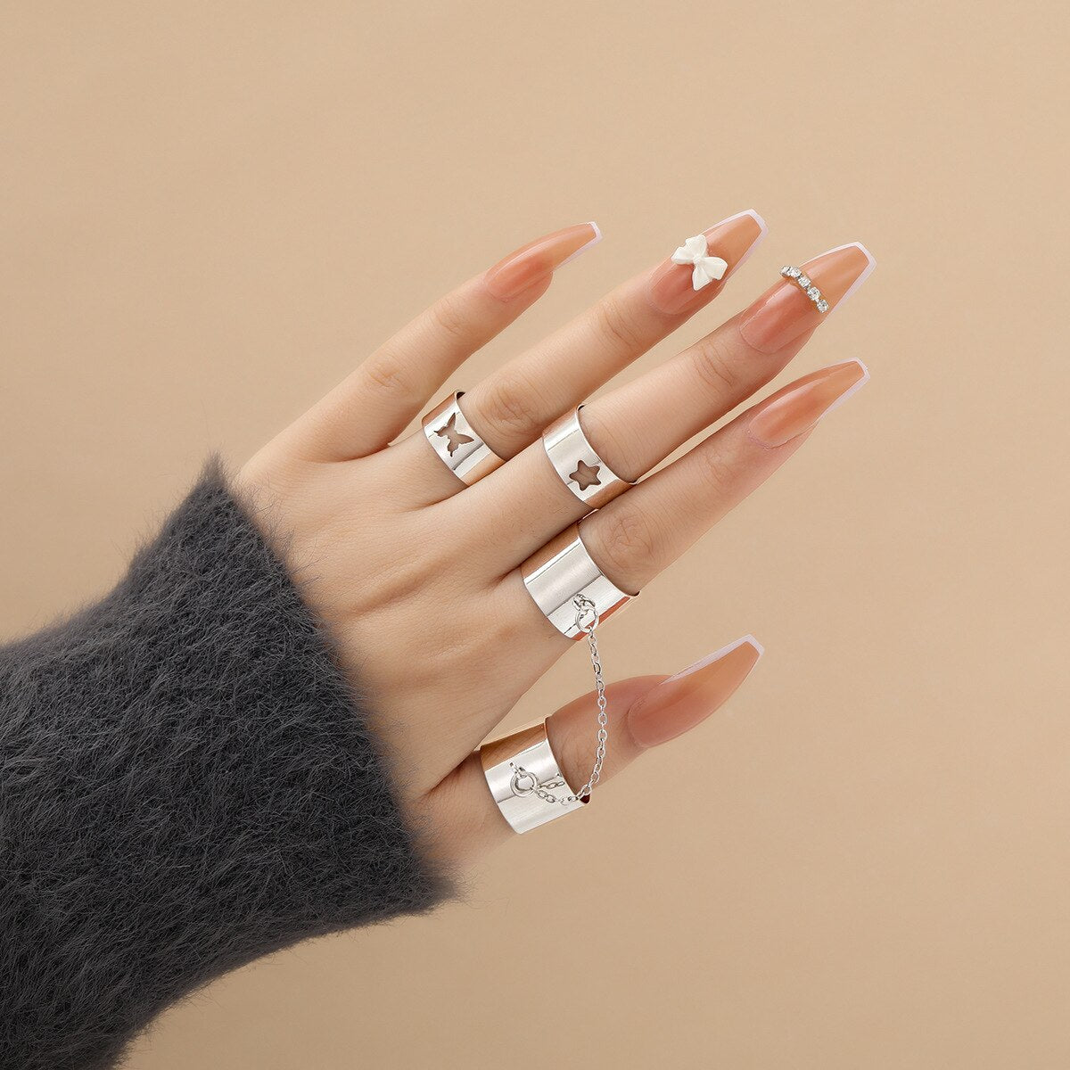 Vintage 14 Pcs Chain Butterfly Rings Set for Women Metal Paint Coating Creative In Style Love Heart Ring Fashion Flower Jewelry