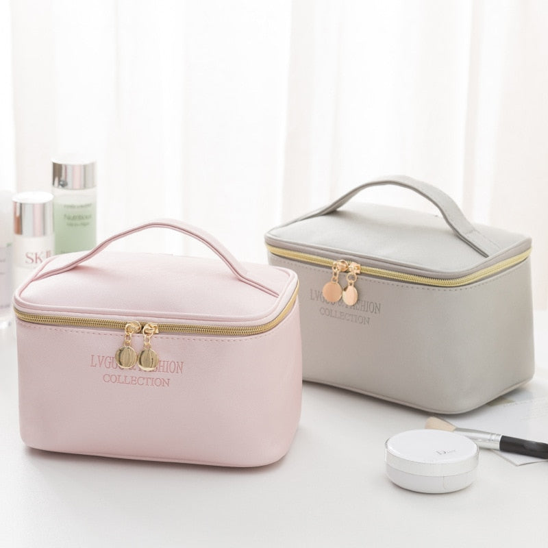 PURDORED 1 Pc Large Women Cosmetic Bag PU Leather Waterproof Zipper Make Up Bag Travel Washing Makeup Organizer Beauty Case
