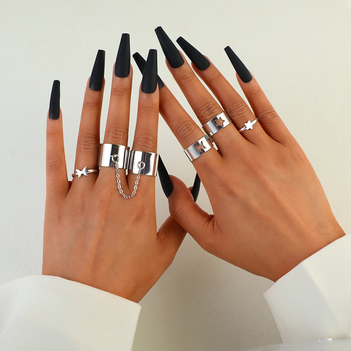 Vintage 14 Pcs Chain Butterfly Rings Set for Women Metal Paint Coating Creative In Style Love Heart Ring Fashion Flower Jewelry