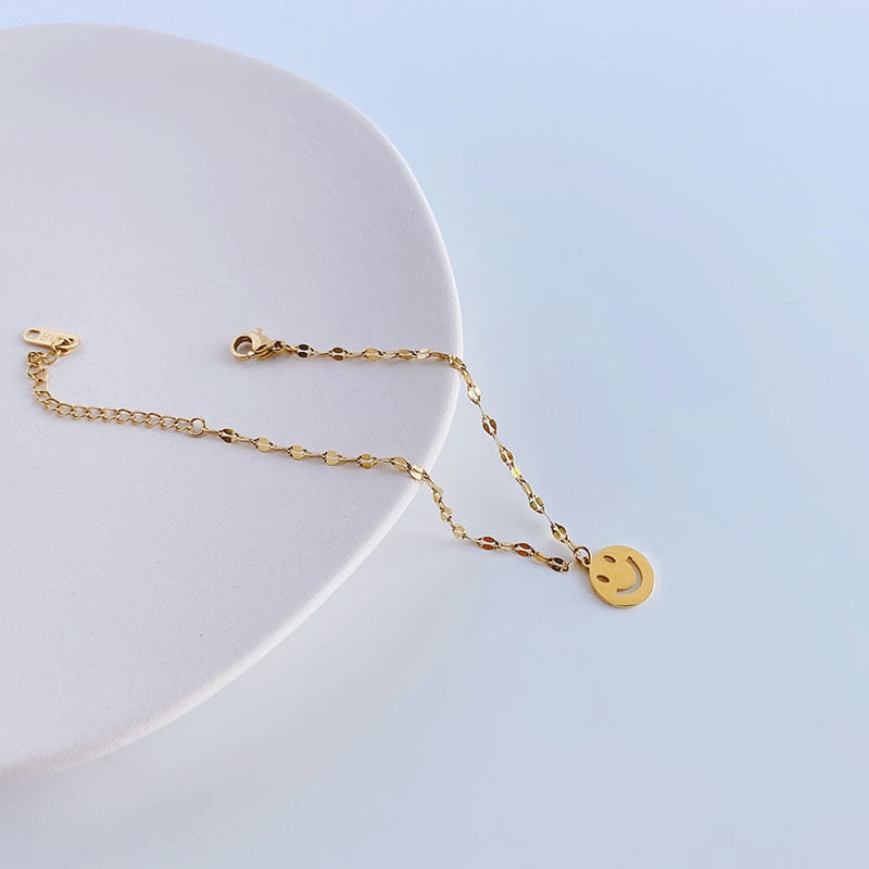Cool Sleek Simple Titanium Stainless Steel Yellow Gold Vacuum Plating Fashion Girls Ladies Anklet Couple Smile Face Bracelet Wholesale