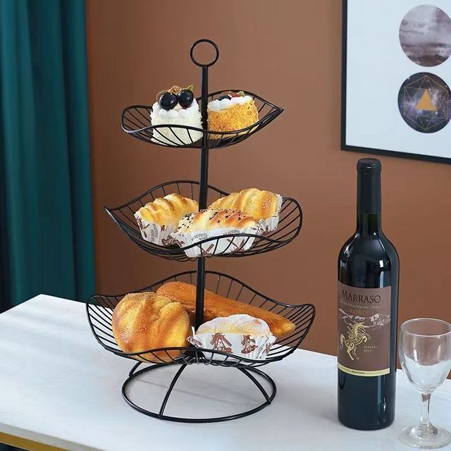 3 Tier Fruit Basket Lotus Leaf Fruit Bowl Iron Fruit Stand Home Creative Snacks Bread Storage Drain Basket Table Snacks Tray
