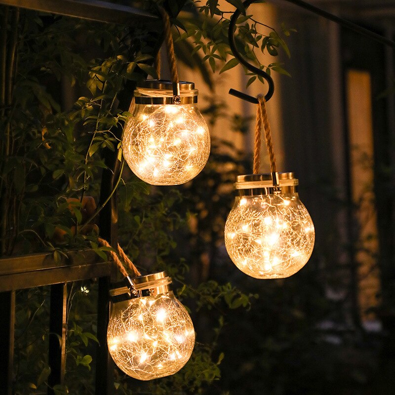 1pc Romantic Solar Crack Ball Glass Jar Light Copper Wire Lamp Christmas Outdoor Garden Decoration