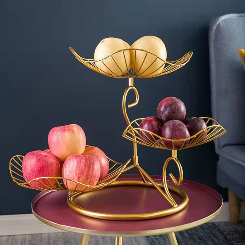 3 Tier Fruit Basket Lotus Leaf Fruit Bowl Iron Fruit Stand Home Creative Snacks Bread Storage Drain Basket Table Snacks Tray