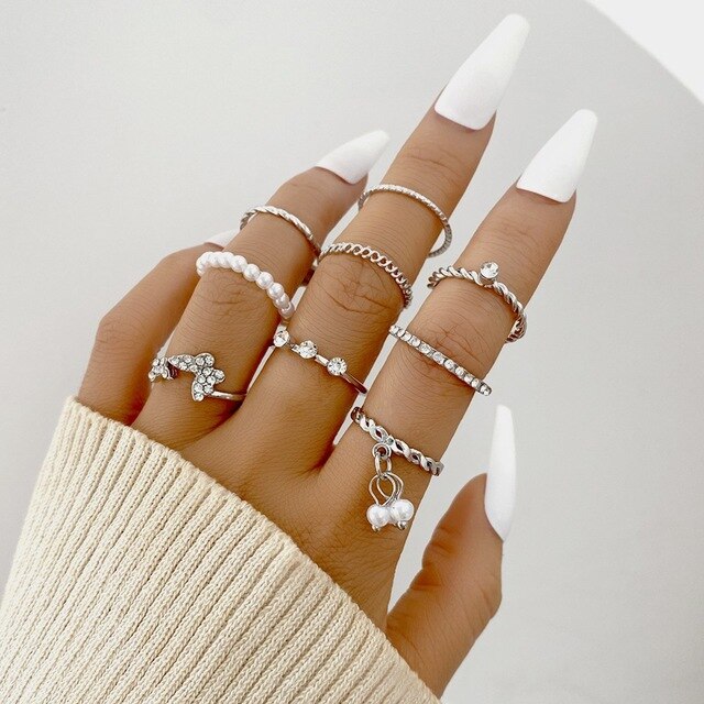 Vintage 14 Pcs Chain Butterfly Rings Set for Women Metal Paint Coating Creative In Style Love Heart Ring Fashion Flower Jewelry