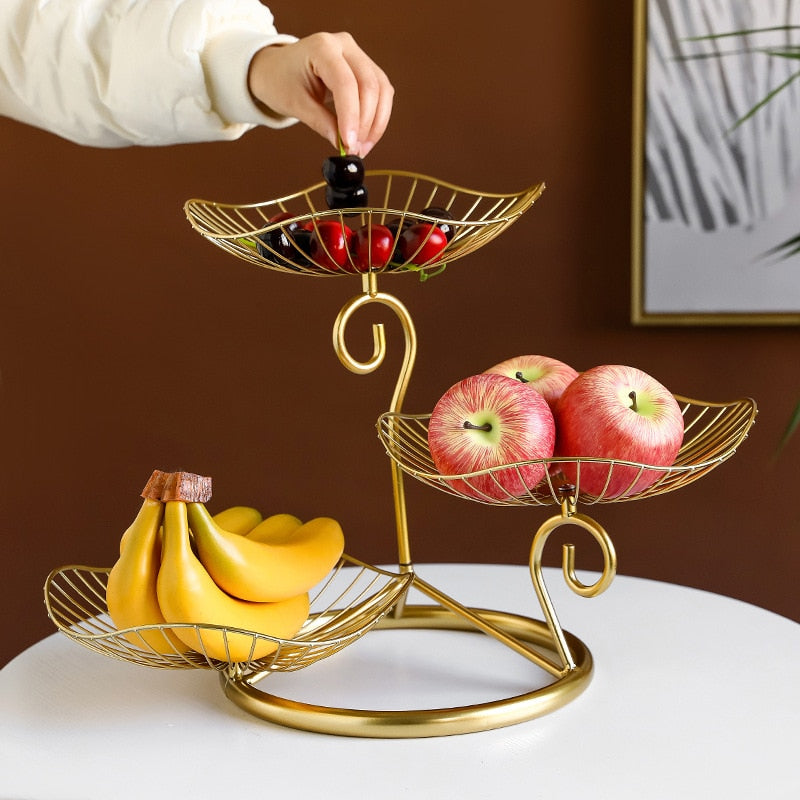 3 Tier Fruit Basket Lotus Leaf Fruit Bowl Iron Fruit Stand Home Creative Snacks Bread Storage Drain Basket Table Snacks Tray
