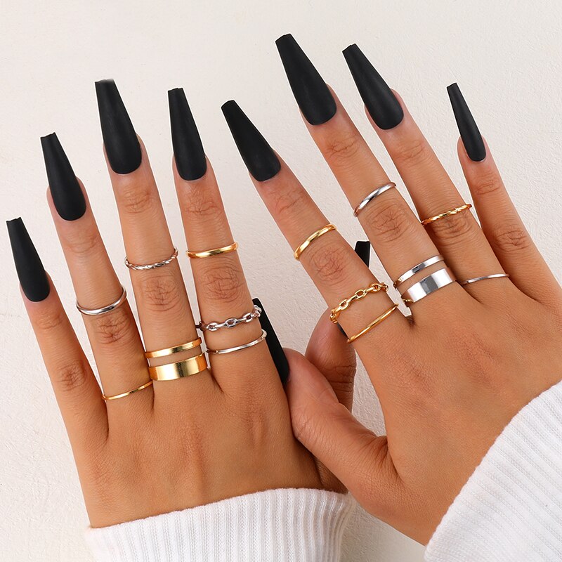 Vintage 14 Pcs Chain Butterfly Rings Set for Women Metal Paint Coating Creative In Style Love Heart Ring Fashion Flower Jewelry