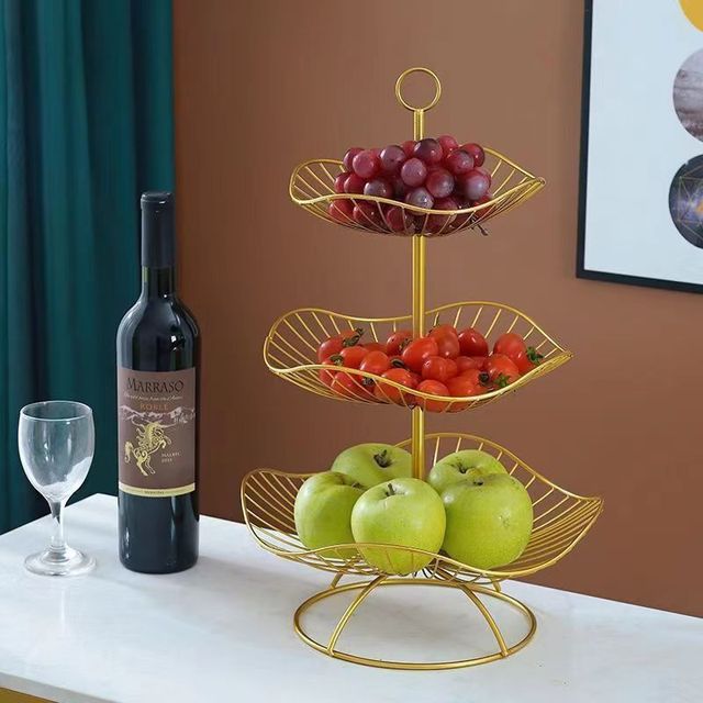 3 Tier Fruit Basket Lotus Leaf Fruit Bowl Iron Fruit Stand Home Creative Snacks Bread Storage Drain Basket Table Snacks Tray