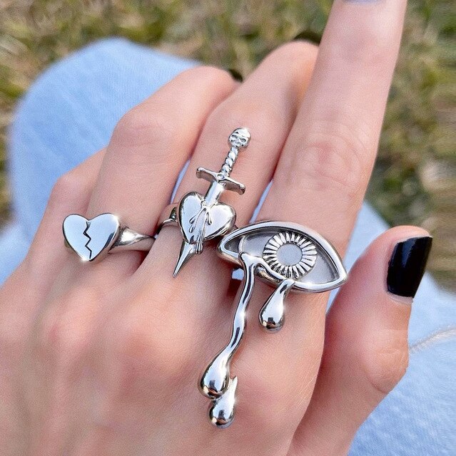 Vintage 14 Pcs Chain Butterfly Rings Set for Women Metal Paint Coating Creative In Style Love Heart Ring Fashion Flower Jewelry