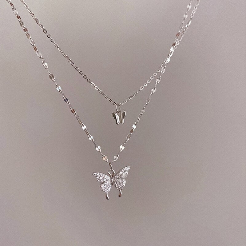 Silver Color Shiny Butterfly Necklace Female Exquisite Double Layer Pendant Clavicle Chain Necklace Wedding Party Jewelry Gifts