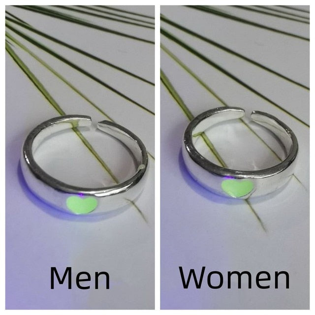 Fashion Blue Love Heart Luminous Ring for Women Men Fluorescent Ring Glow In Dark Adjustable Couple Finger Rings Jewelry Gifts