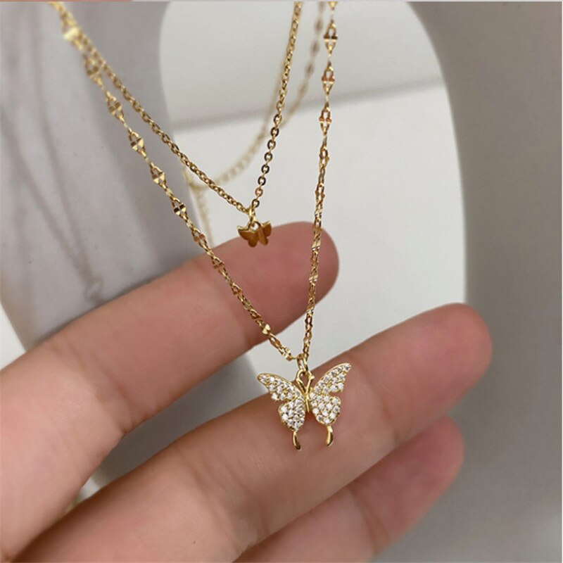 Silver Color Shiny Butterfly Necklace Female Exquisite Double Layer Pendant Clavicle Chain Necklace Wedding Party Jewelry Gifts