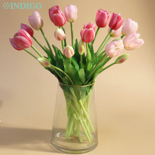 20PCS Pink Tulip Bouquet Silicone Real Touch High Quality Calla Home Easter Gift Poly Bag Artificial Flower Wedding- INDIGO