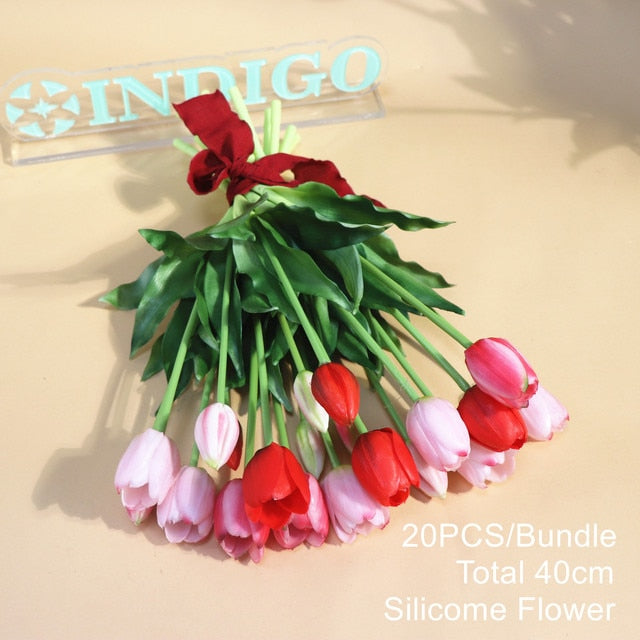 20PCS Pink Tulip Bouquet Silicone Real Touch High Quality Calla Home Easter Gift Poly Bag Artificial Flower Wedding- INDIGO