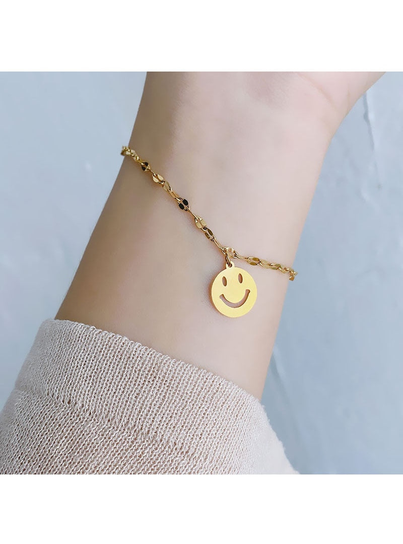 Cool Sleek Simple Titanium Stainless Steel Yellow Gold Vacuum Plating Fashion Girls Ladies Anklet Couple Smile Face Bracelet Wholesale