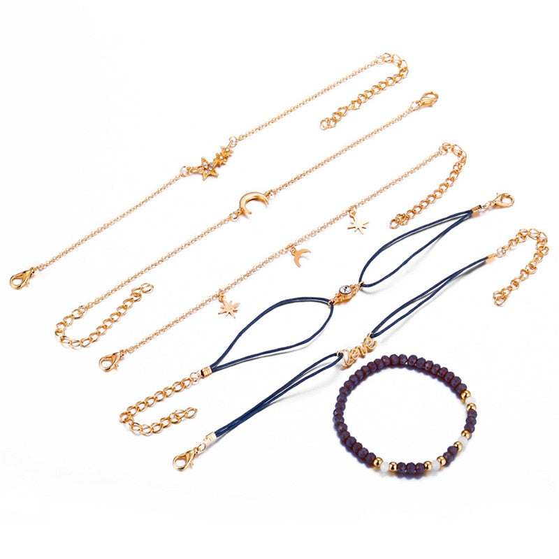 Woozu 6pcs/sets Bohemia Gold Color Star Moon Letter Shape Design Crystal Chain Pendant Bracelets For Women Jewelry