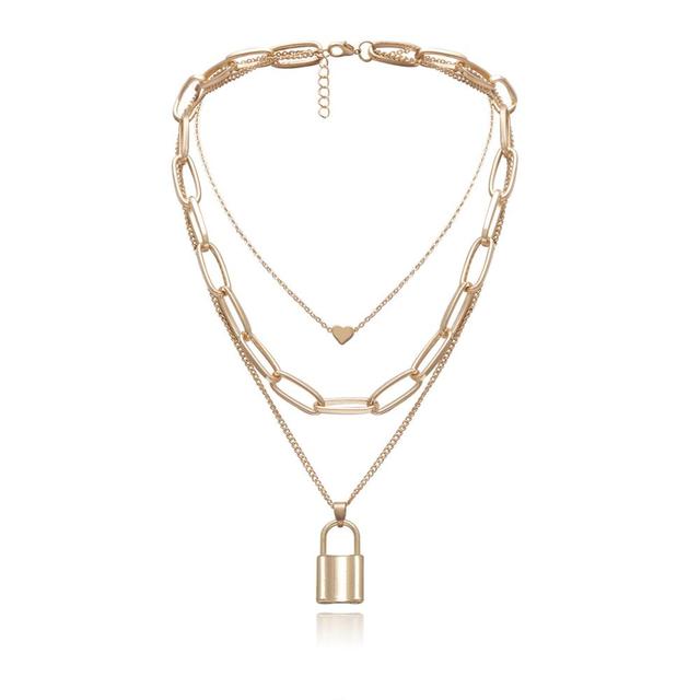 Hip Hop Multi Layers chain necklace with heart lock women/men punk rock padlock pendant necklace emo grunge Goth jewelry