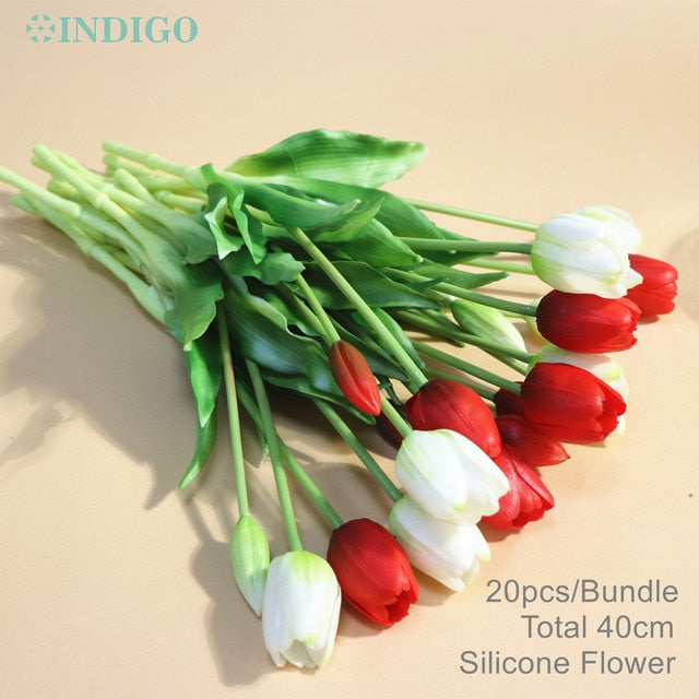 20PCS Pink Tulip Bouquet Silicone Real Touch High Quality Calla Home Easter Gift Poly Bag Artificial Flower Wedding- INDIGO