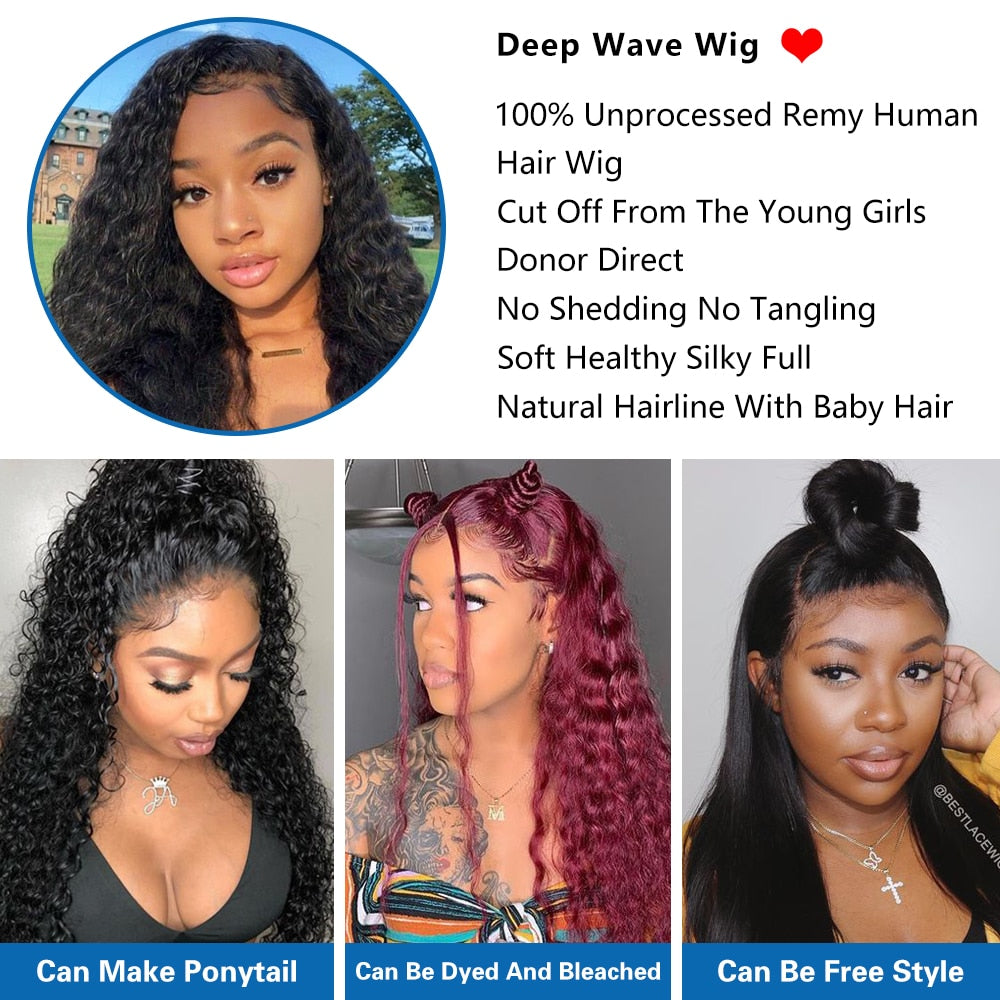 Deep Wave Closure Wig Human Hair Wigs Lace Frontal 13x6 Lace Front Wig PrePlucked Bleached Knots Wigs 13x4 Deep Wave Frontal Wig