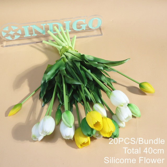 20PCS Pink Tulip Bouquet Silicone Real Touch High Quality Calla Home Easter Gift Poly Bag Artificial Flower Wedding- INDIGO