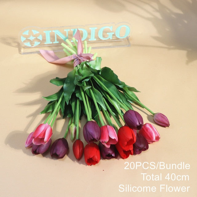 20PCS Pink Tulip Bouquet Silicone Real Touch High Quality Calla Home Easter Gift Poly Bag Artificial Flower Wedding- INDIGO