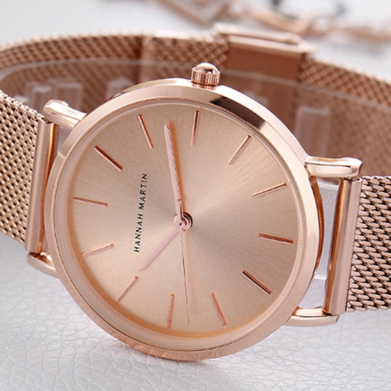 Hannah Martin Quality Stainless Steel Band Japan Quartz Movement Waterproof Women Full Rose Gold Ladies Luxury Wrist Watch