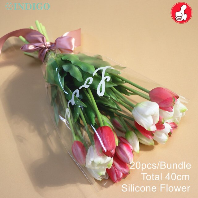 20PCS Pink Tulip Bouquet Silicone Real Touch High Quality Calla Home Easter Gift Poly Bag Artificial Flower Wedding- INDIGO