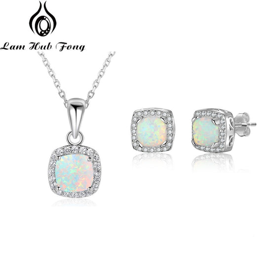 Opal Jewelry Sets for Women Square White Opal Necklace Earrings Wedding Bridal Jewelry Sets (Lam Hub Fong)