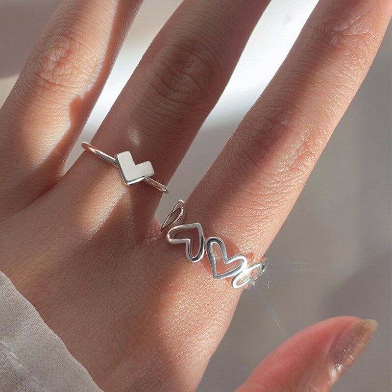 Silver Color Metal Adjustable Opening Rings Set For Women Creative Love Heart Finger Ring Trendy Party Jewelry Couple Rings