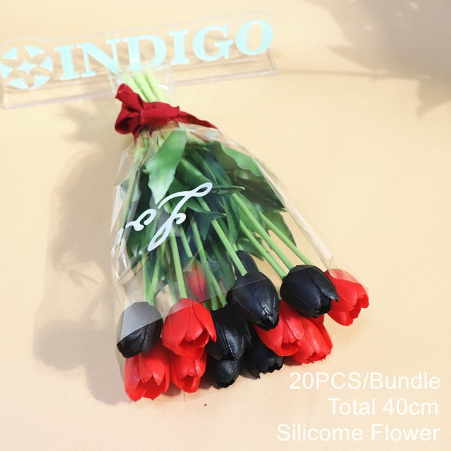 20PCS Pink Tulip Bouquet Silicone Real Touch High Quality Calla Home Easter Gift Poly Bag Artificial Flower Wedding- INDIGO