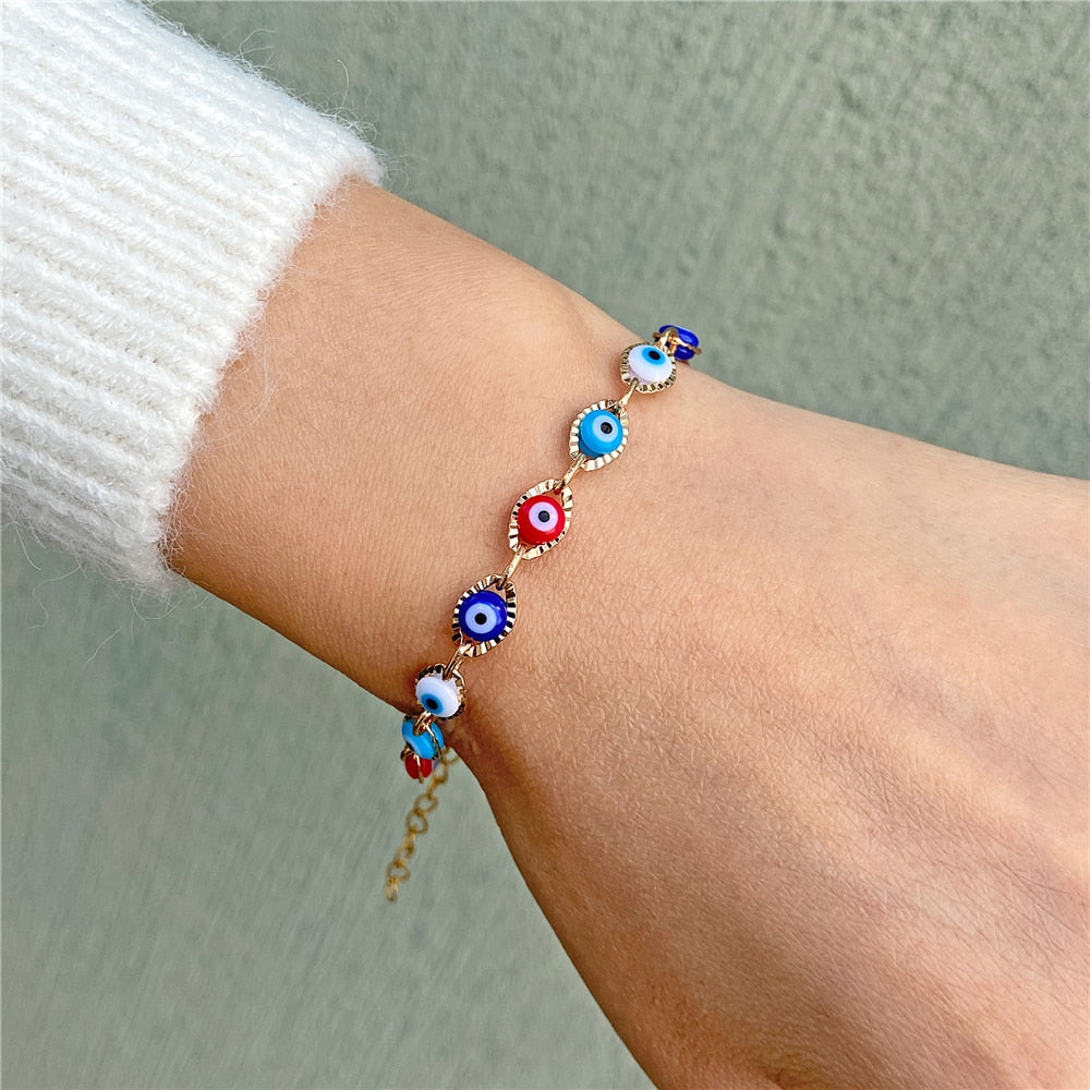 New Trend Multicolour Evil Eye Bracelets Adjustable Stainless Steel Gold Color Chain Bracelet Fashion Men And Women Jewelry Gift