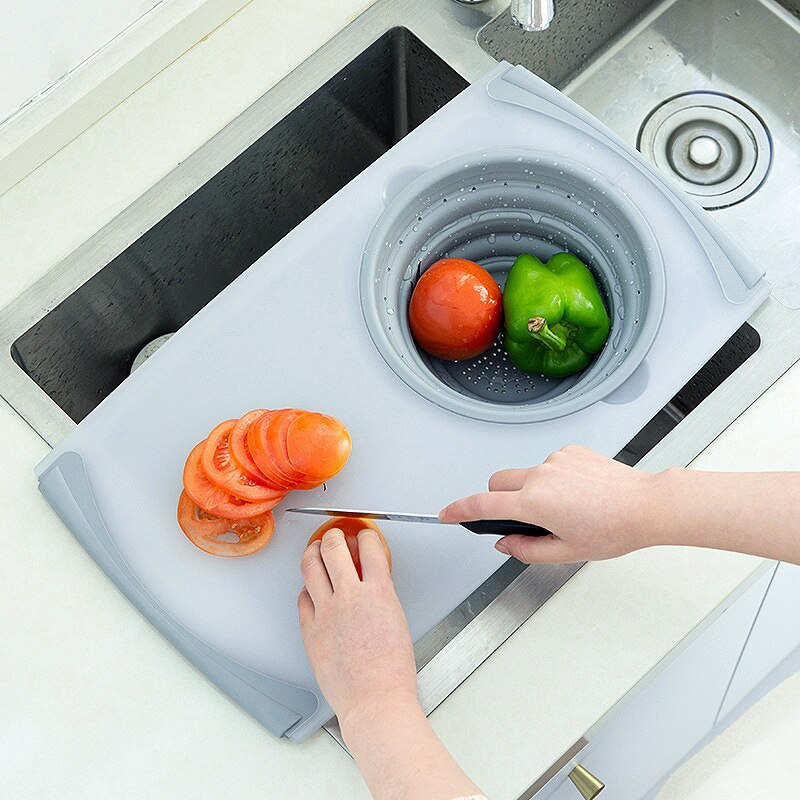 Over The Sink Cutting Board Plastic Chopping Board Built-in Drain Storage Basket Cut Fruits Vegetables Kitchen Chopping Boards