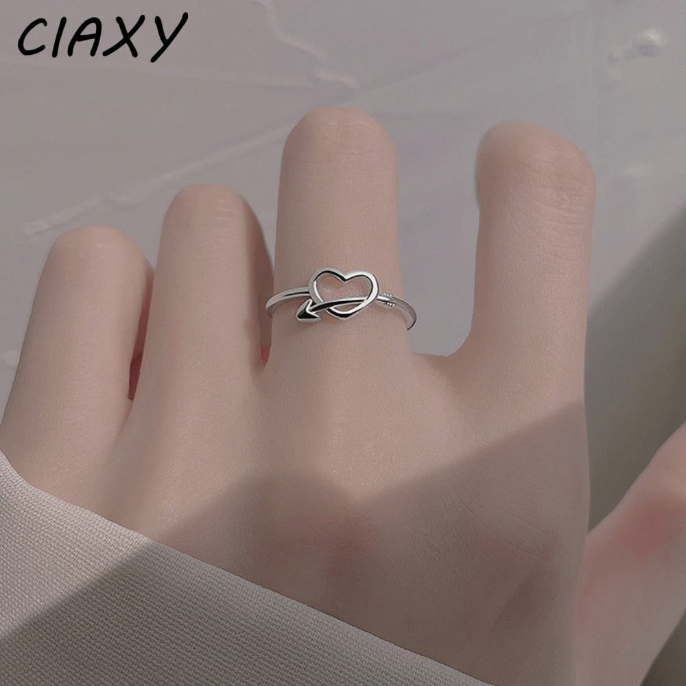 CIAXY Silver Color Romantic Arrow of Love Finger Ring for Femme Free Size Exquisite Heart Bague Anillos Bijoux Wedding Jewelry