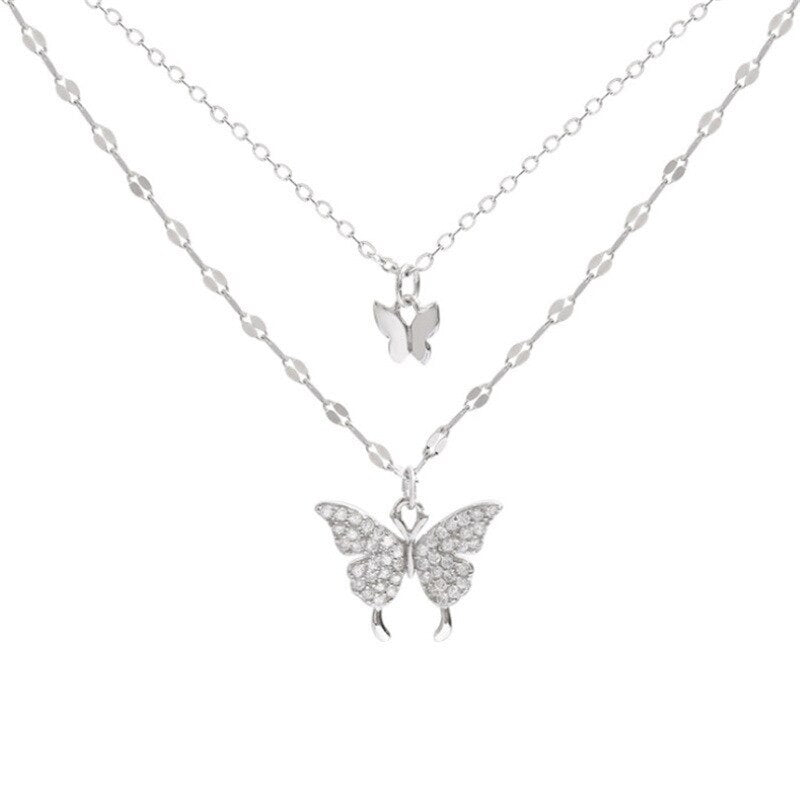 Silver Color Shiny Butterfly Necklace Female Exquisite Double Layer Pendant Clavicle Chain Necklace Wedding Party Jewelry Gifts