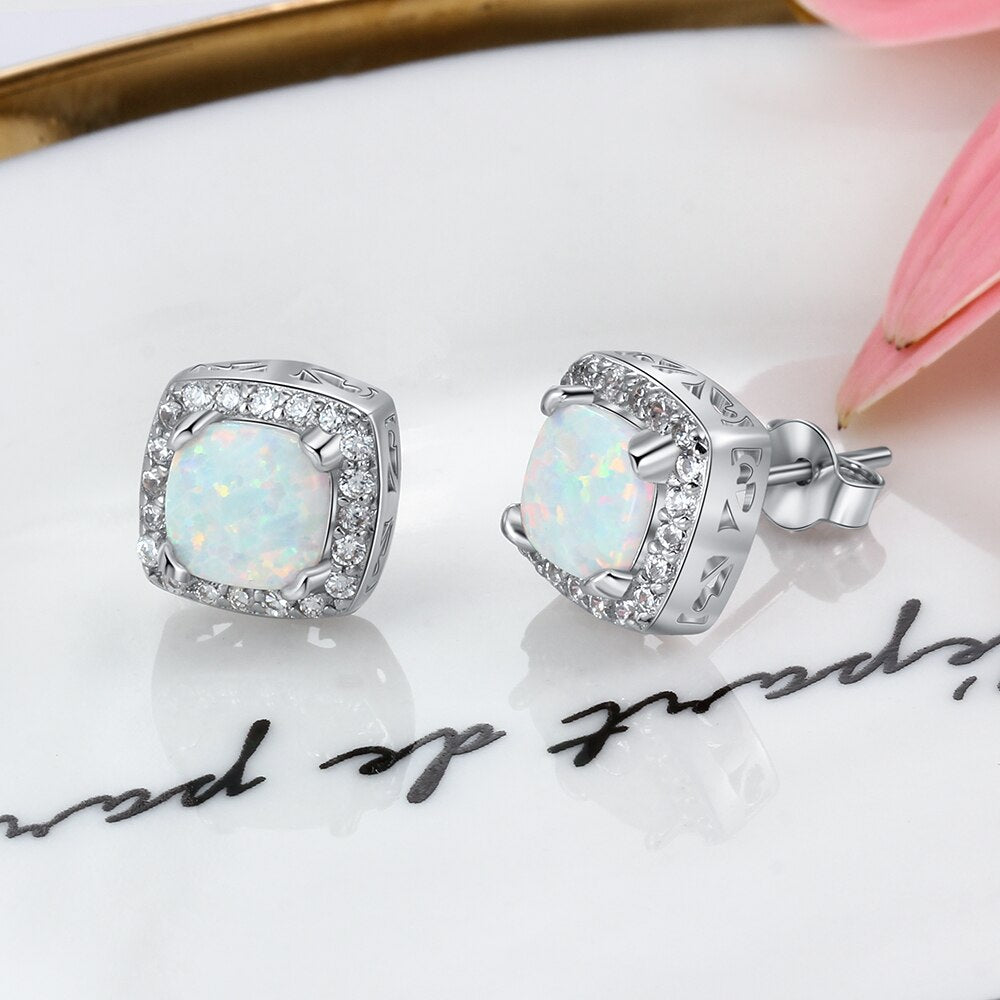 Opal Jewelry Sets for Women Square White Opal Necklace Earrings Wedding Bridal Jewelry Sets (Lam Hub Fong)