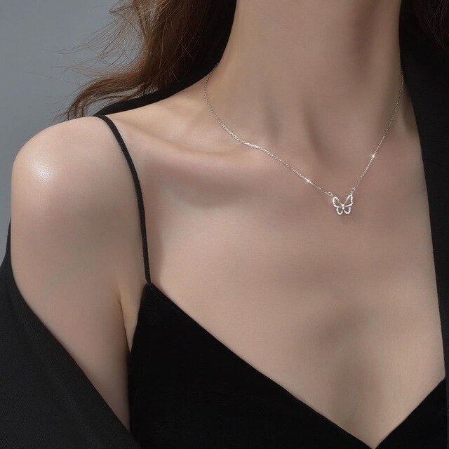 Silver Color Shiny Butterfly Necklace Female Exquisite Double Layer Pendant Clavicle Chain Necklace Wedding Party Jewelry Gifts