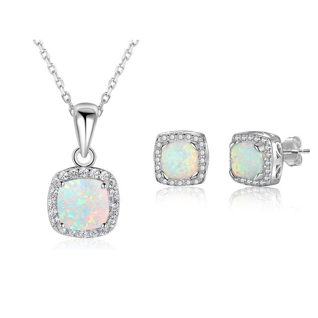 Opal Jewelry Sets for Women Square White Opal Necklace Earrings Wedding Bridal Jewelry Sets (Lam Hub Fong)