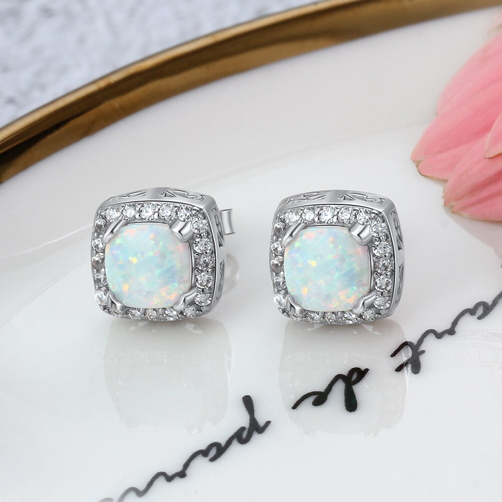 Opal Jewelry Sets for Women Square White Opal Necklace Earrings Wedding Bridal Jewelry Sets (Lam Hub Fong)