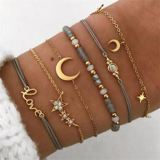 Woozu 6pcs/sets Bohemia Gold Color Star Moon Letter Shape Design Crystal Chain Pendant Bracelets For Women Jewelry