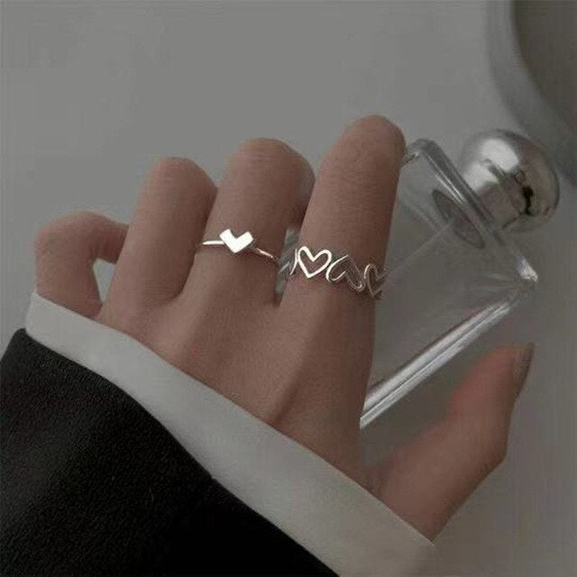 Silver Color Metal Adjustable Opening Rings Set For Women Creative Love Heart Finger Ring Trendy Party Jewelry Couple Rings