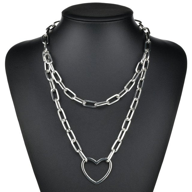 Hip Hop Multi Layers chain necklace with heart lock women/men punk rock padlock pendant necklace emo grunge Goth jewelry