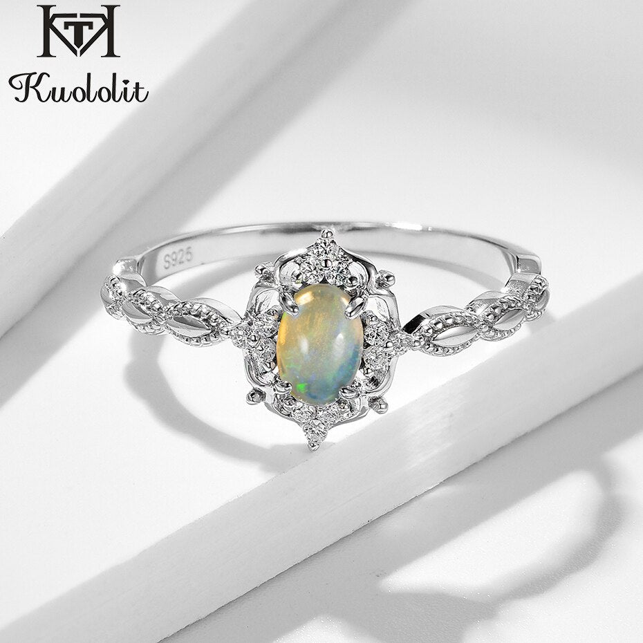 Kuololit Natural Opal Gemstone Rings for Women 925 Sterling Silver Fire Stone Size 10 Ring Wedding Engagement Gift Fine Jewelry