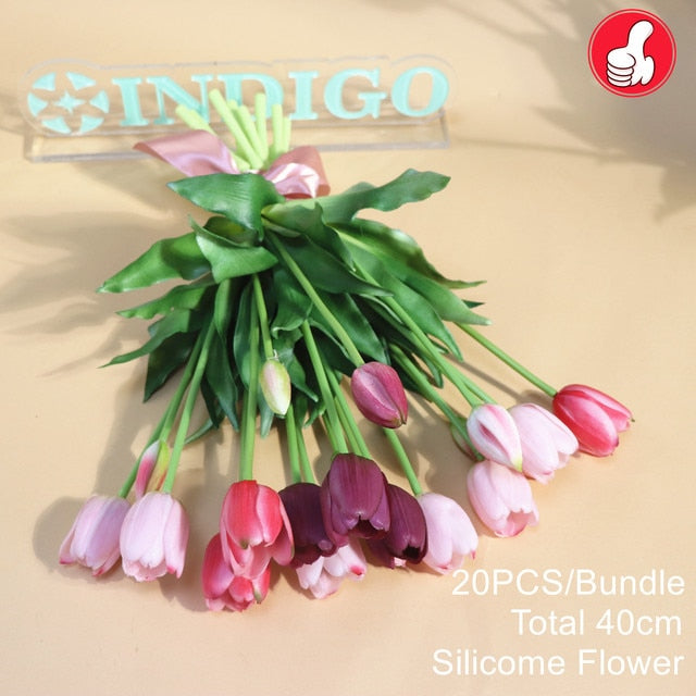 20PCS Pink Tulip Bouquet Silicone Real Touch High Quality Calla Home Easter Gift Poly Bag Artificial Flower Wedding- INDIGO