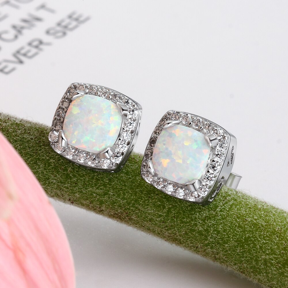 Opal Jewelry Sets for Women Square White Opal Necklace Earrings Wedding Bridal Jewelry Sets (Lam Hub Fong)