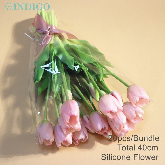 20PCS Pink Tulip Bouquet Silicone Real Touch High Quality Calla Home Easter Gift Poly Bag Artificial Flower Wedding- INDIGO