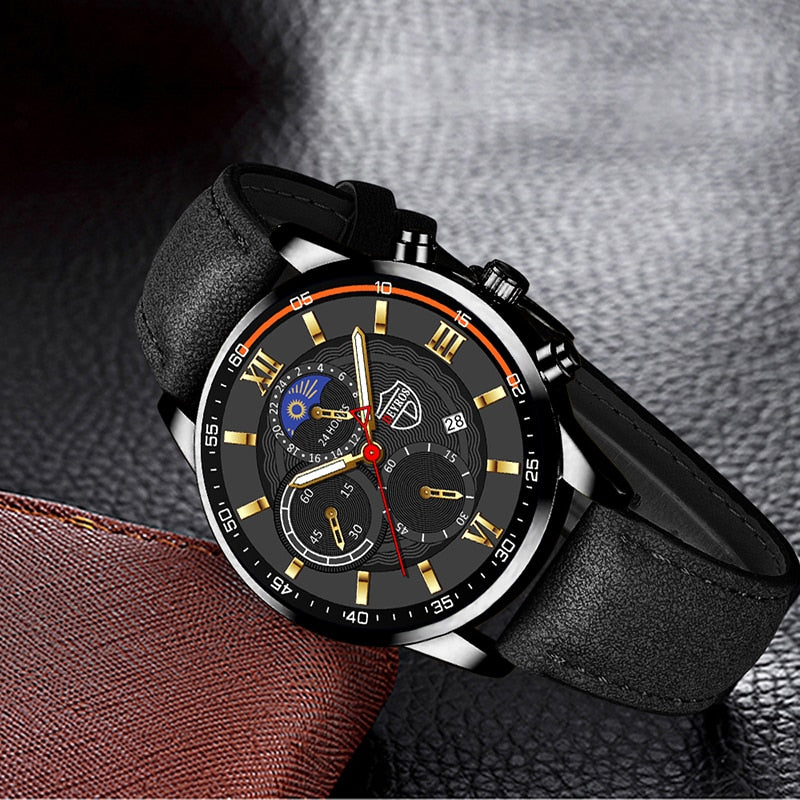 2023 Fashion Mens Sports Watches Man Business Quartz Wristwatch Luxury Black Leather Bracelet Men Casual Luminous Clock Watch