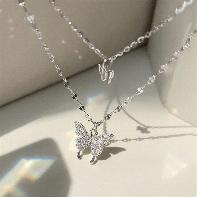 Silver Color Shiny Butterfly Necklace Female Exquisite Double Layer Pendant Clavicle Chain Necklace Wedding Party Jewelry Gifts