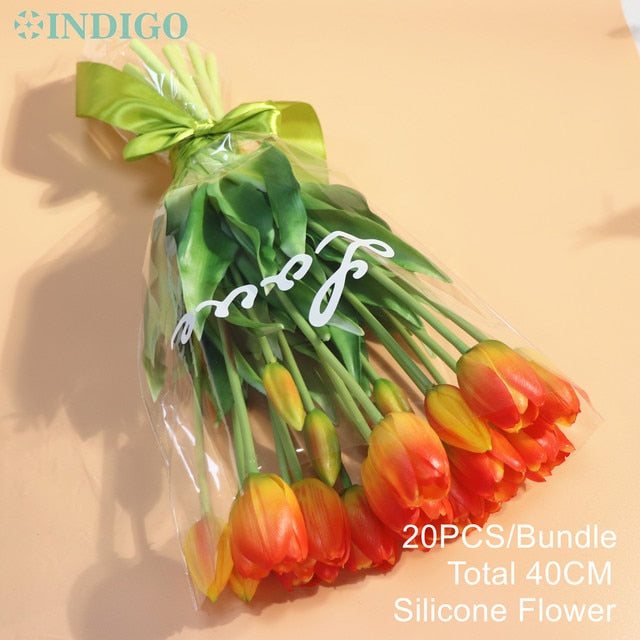 20PCS Pink Tulip Bouquet Silicone Real Touch High Quality Calla Home Easter Gift Poly Bag Artificial Flower Wedding- INDIGO