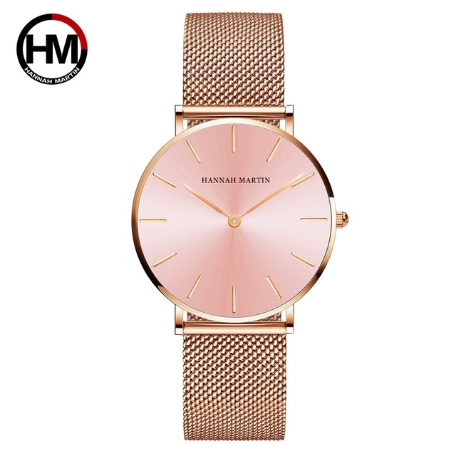 Hannah Martin Quality Stainless Steel Band Japan Quartz Movement Waterproof Women Full Rose Gold Ladies Luxury Wrist Watch