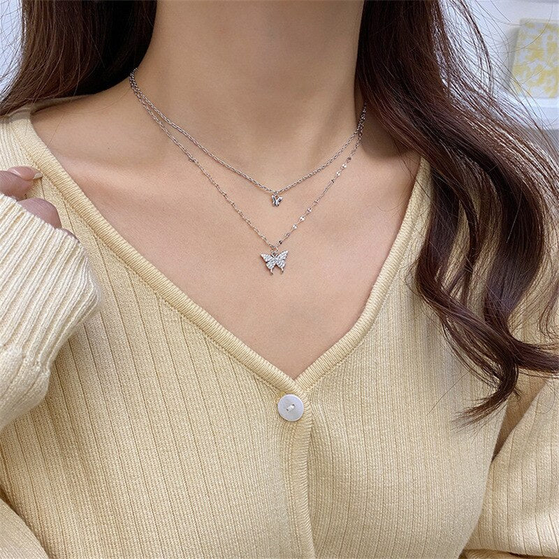 Silver Color Shiny Butterfly Necklace Female Exquisite Double Layer Pendant Clavicle Chain Necklace Wedding Party Jewelry Gifts