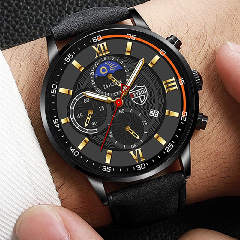 2023 Fashion Mens Sports Watches Man Business Quartz Wristwatch Luxury Black Leather Bracelet Men Casual Luminous Clock Watch